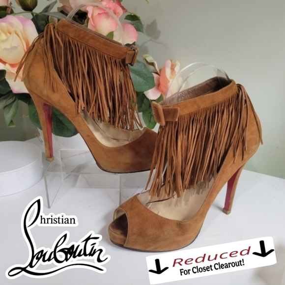 Auth! Christian Louboutin Suede Pumps Heels Peep-Toes Fringe 7.5 4.5